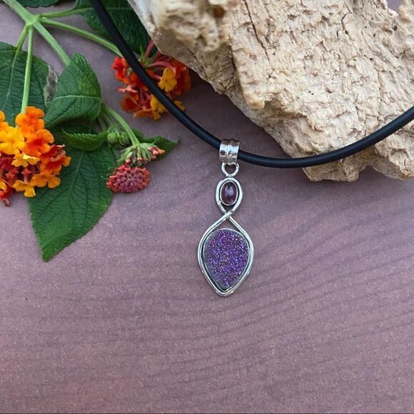 Titanium Aura Druzy & Pink Tourmaline Pendant Necklace - Picture 5 of 6